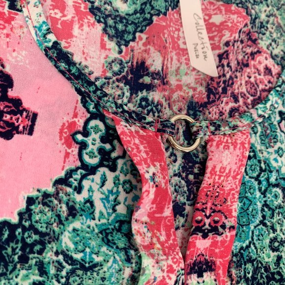 NY Collection Cute Lightweight Blouse Pink Green Round Neck Petite Small - Picture 4 of 12